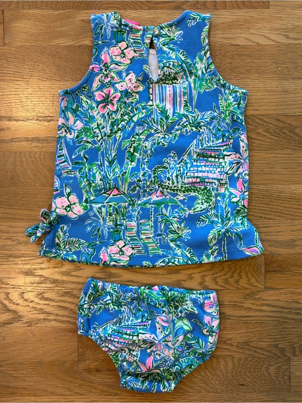 Lilly Pulitzer Blue Tropical Shell-Trim Girls' Dress with bloomers